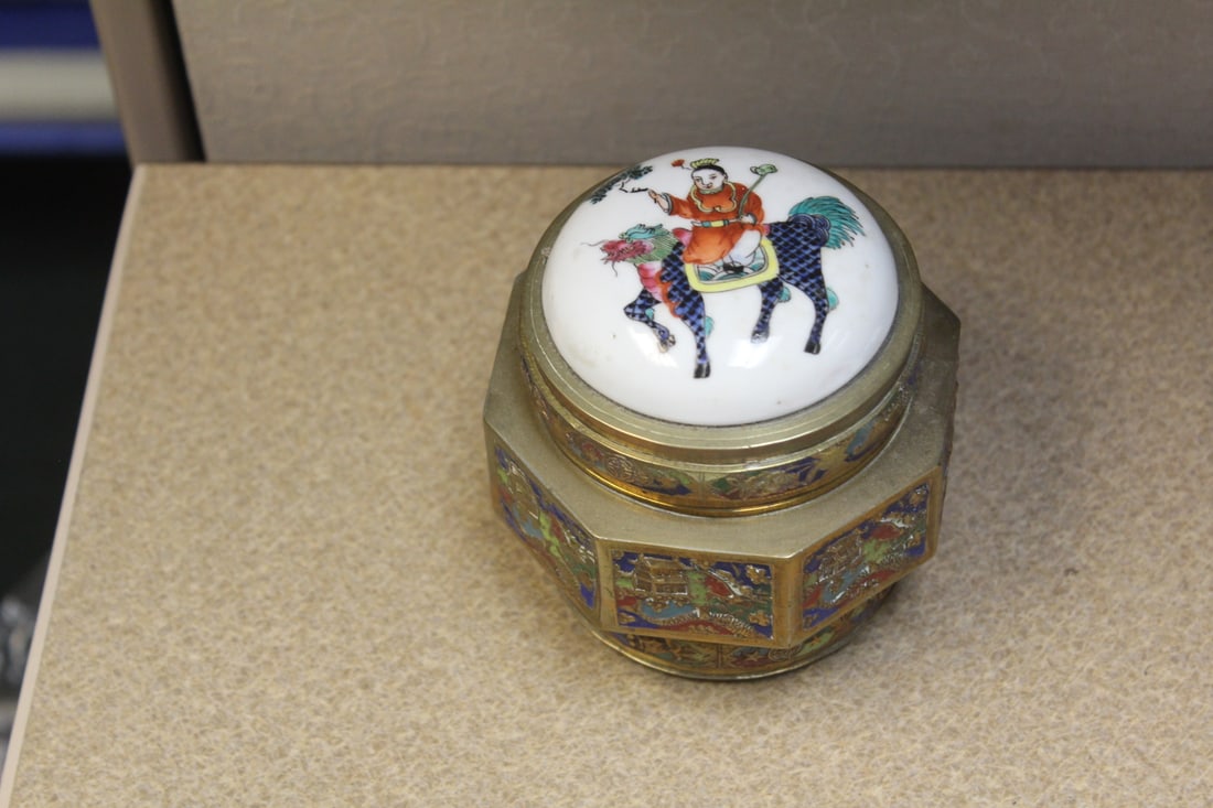 Vintage Chinese Box: enamel and porcelain top box - marked China - approximately 4" tall