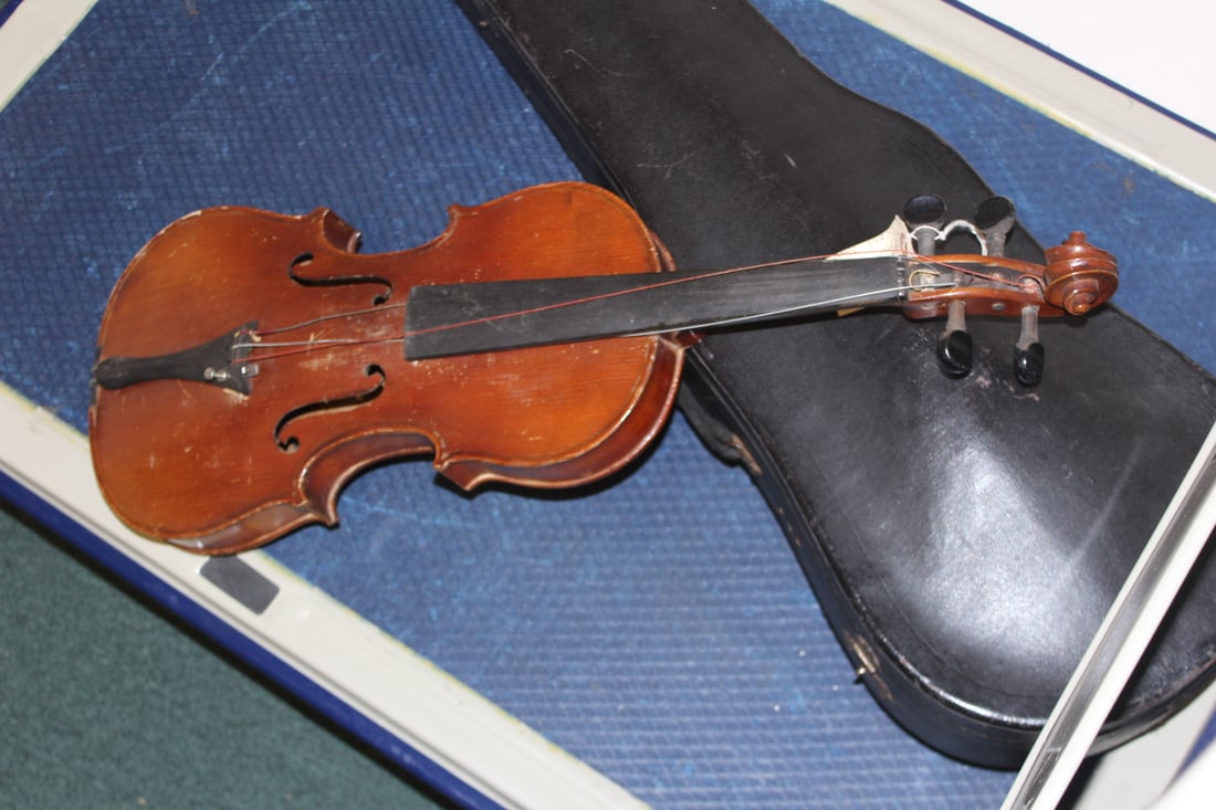 Copy of Antonio Stradivarius Violin: about 100 years old - with hard case - 2 bows - please note: needs some TLC - 23 inches long (violin only)