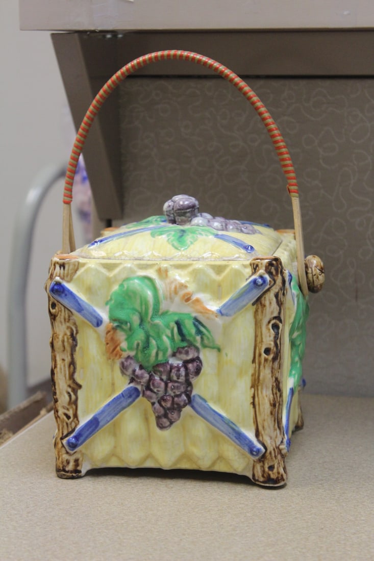 Japan Ceramic Basket: please check out images for cinditioning - 7 5/8" tall not including the rattan handle