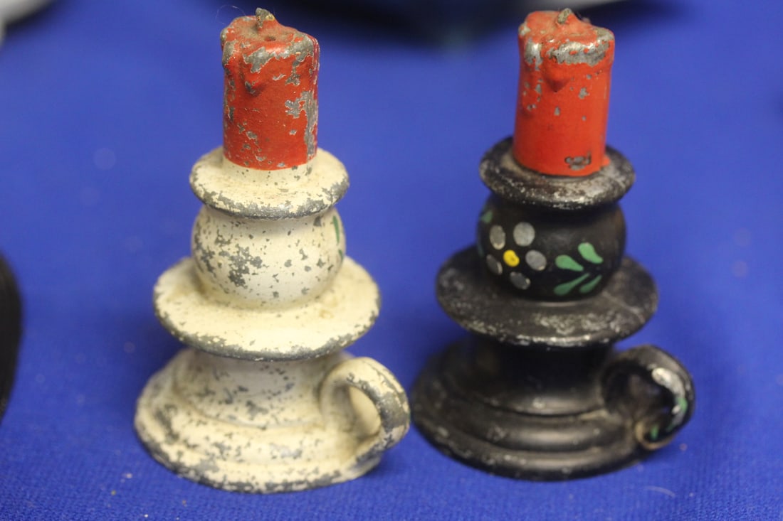 Pair of Cast Iron Salt and Pepper Shakers: candle form - 3 1/2" tall