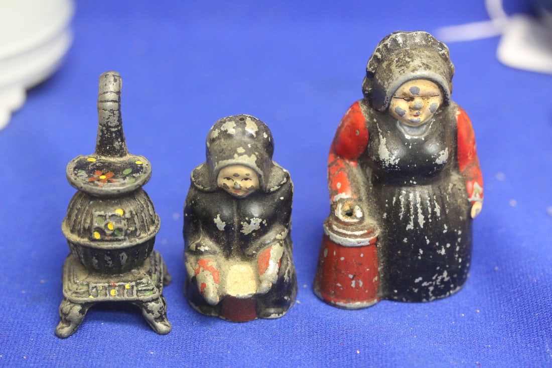 Lot of 3 Cast Iron Articles: 2 shakers and a figurine - tallest= 3 1/2" tall