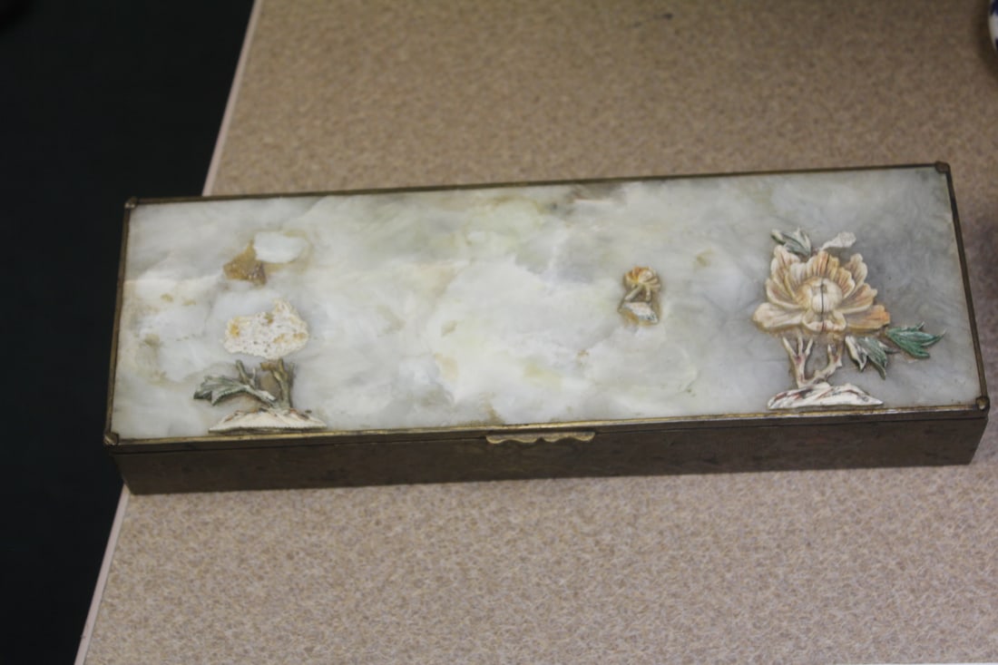 Antique Chinese Bone Inlaid Metal Box: please note: most of the inlay have been desapeared as shown, so, selling as is - appeared to be jade top - 9 7/8" across