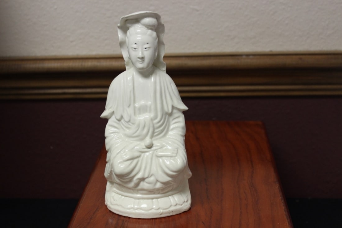 A Chinese Ceramic Blanc de China Kwan Yin: Marked China on the back as shown - probably early to mid 20th century - 7 1/2 inches tall
