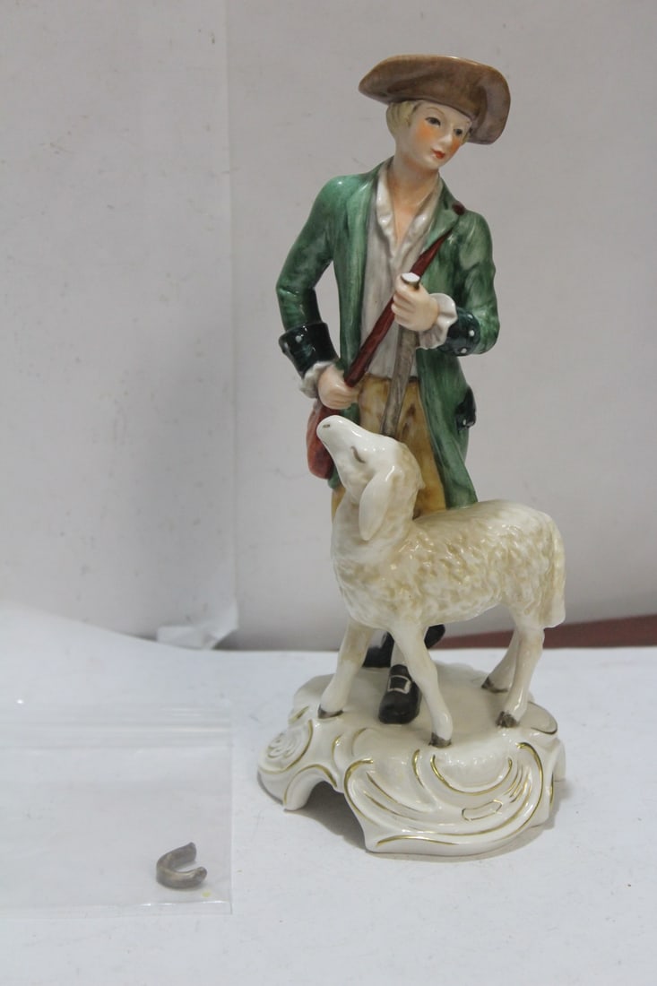 A Vintage 1974 Goebel Boy and Shepard: as found - please note: pole has to be reattached - 8 3/4" tall