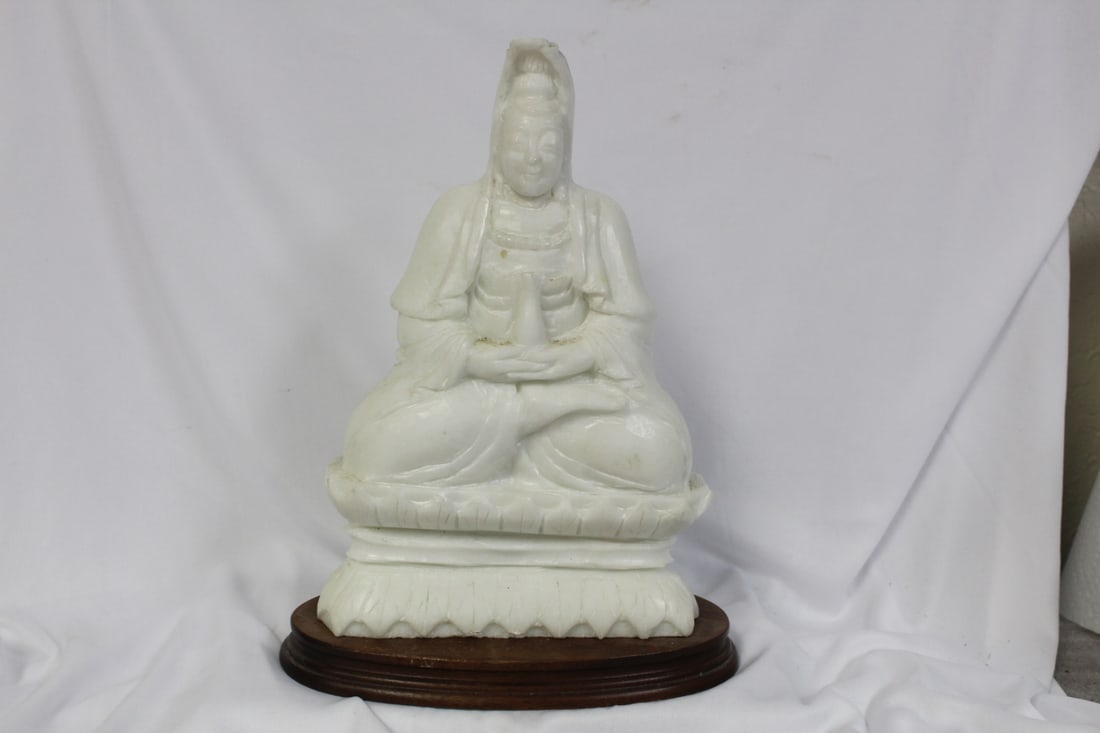 A Solid Marble Kwan Yin on Wood Stand: overall= 11 5/8" tall