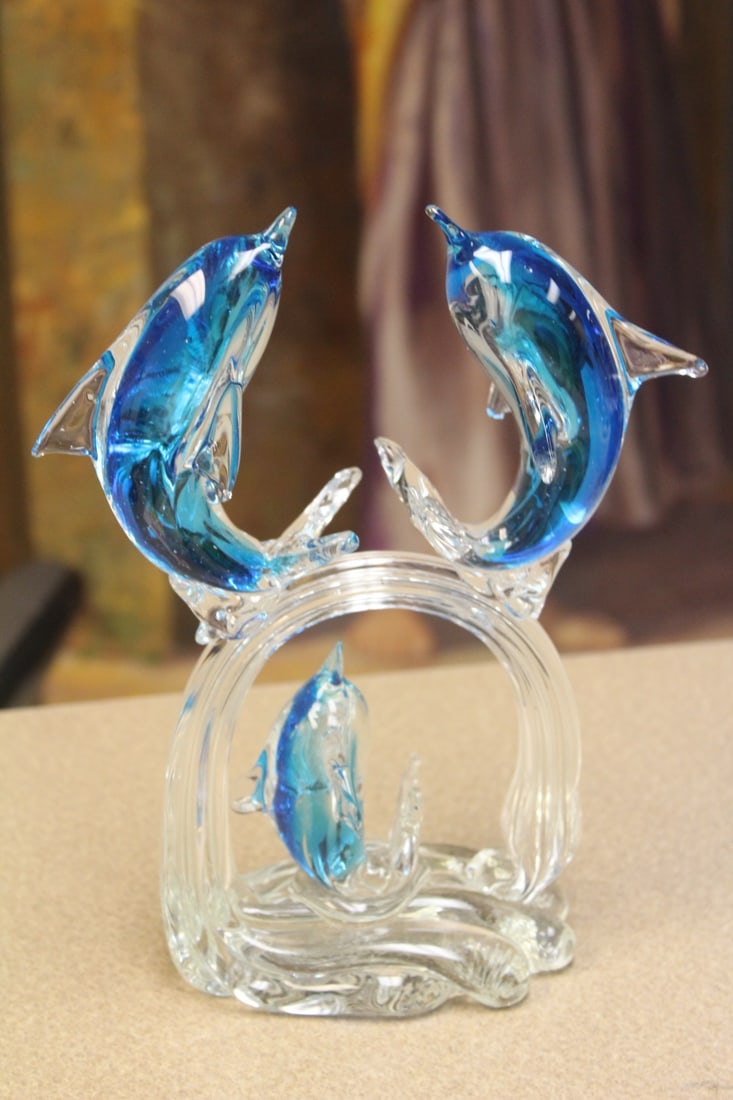 Art Glass Dolphins Group: 10" tall