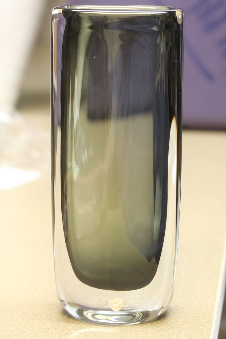 Signed Orrefors Cylinder Vase: Green art glass - 10 inches tall