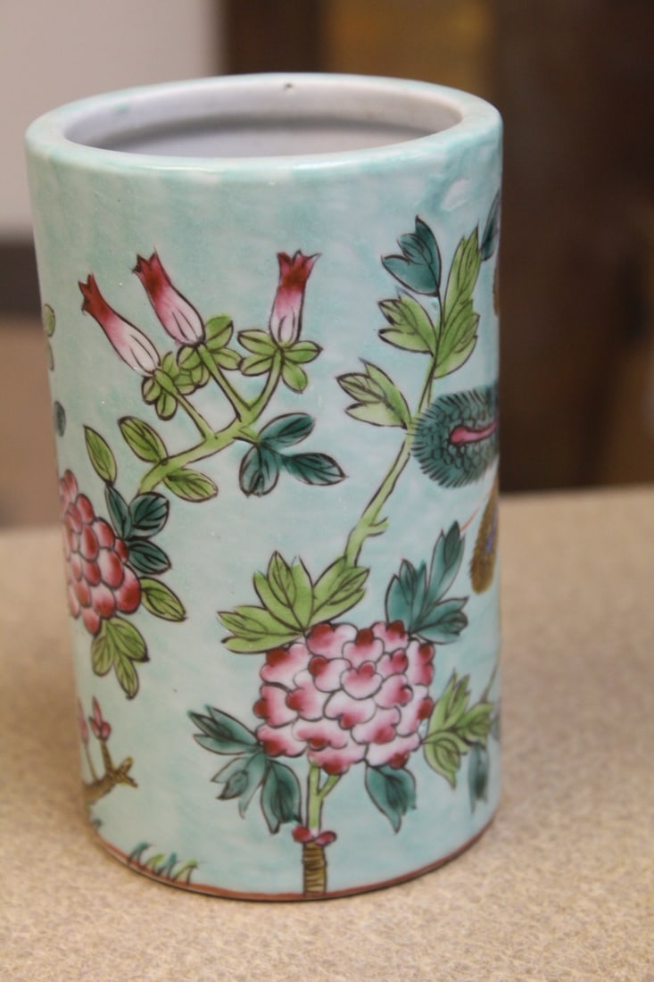 Vintage Chinese Famille Verte Brush Pot: porcelain - signed - 5 1/8" tall