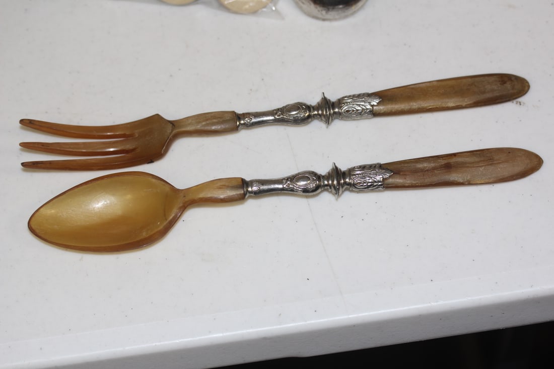 Pair of H o r n Serving Utensils: each measures 11 inches long