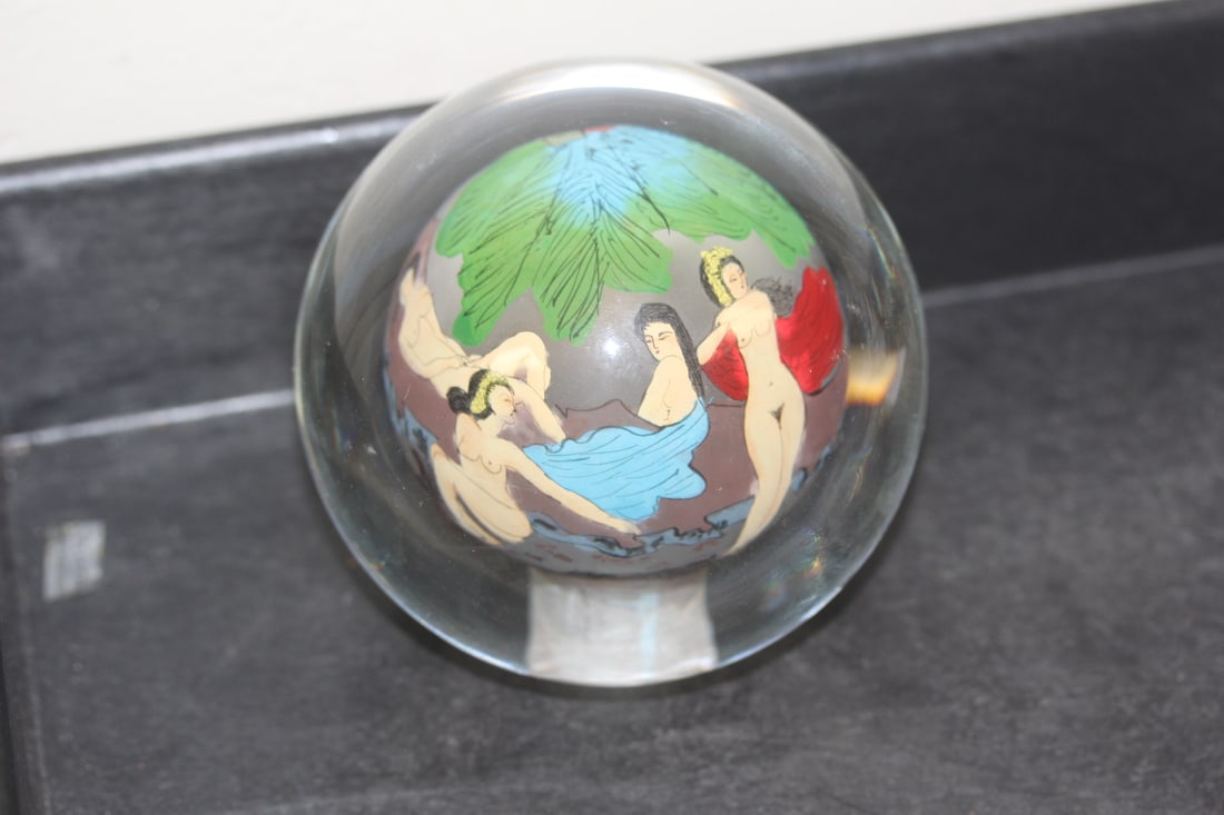 Reverse Painting on Glass Nude Paperweight: Chinese - 4" in diameter - artist signed