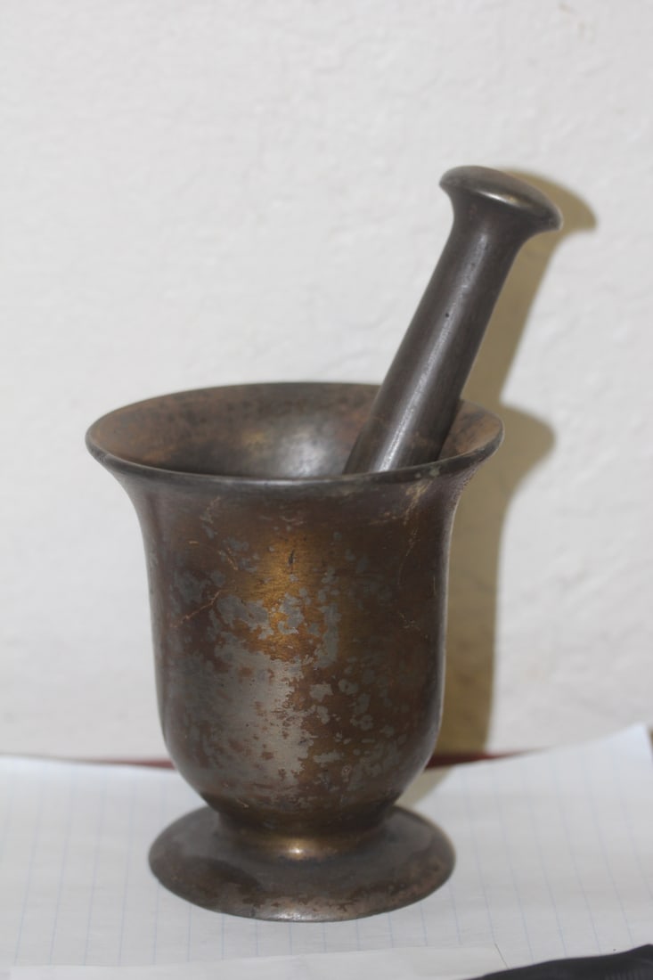 Antique Bronze Mortar and Pestle: Motar= 4" tall - pestle= 6 inches long