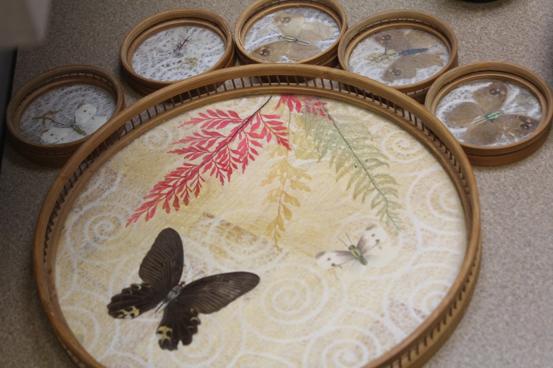 Butterfly Bamboo Tray and Coasters: largest= 11 1/4"