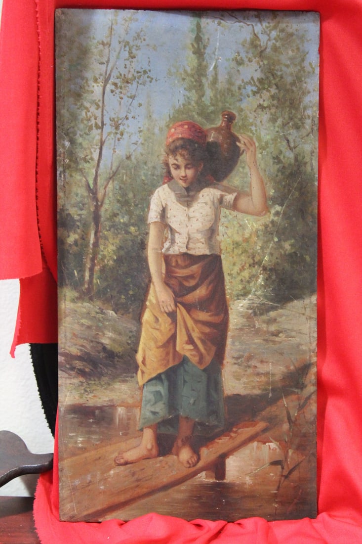 An Unsigned Oil on Wood Panel of a Young Girl: 19th century - unframed - 14 1/8" x 7 1/4" - please note: some scratches