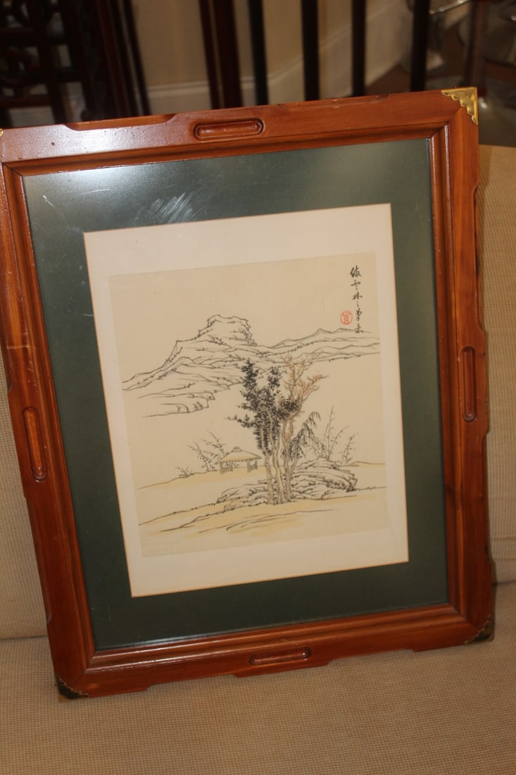 Signed Asian Watercolor with Red Seal: Chinese/Japanese/Asian - framed - overall= 20 3/4" x 17"