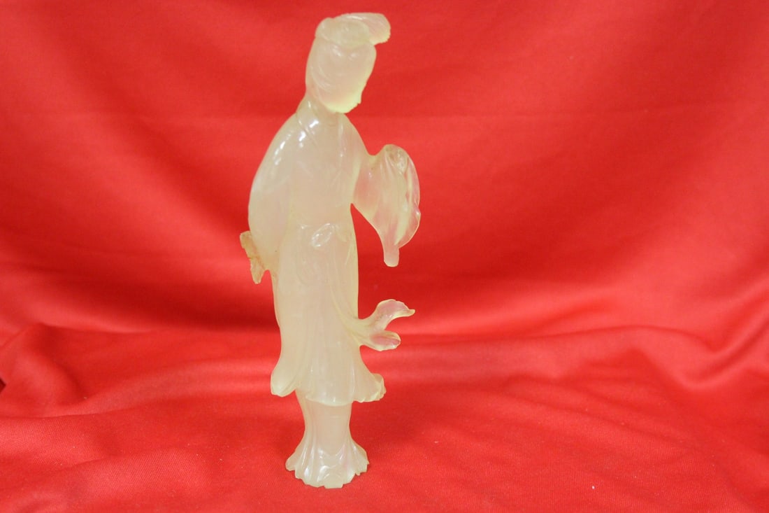 A Jade Kwan Yin: Please note: chips + breaks as shown - 6 1/2" tall - as found