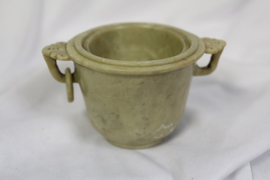 Chinese Soapstone Stacking Cups: please note: missing one ring on the handle - 2 inches tall