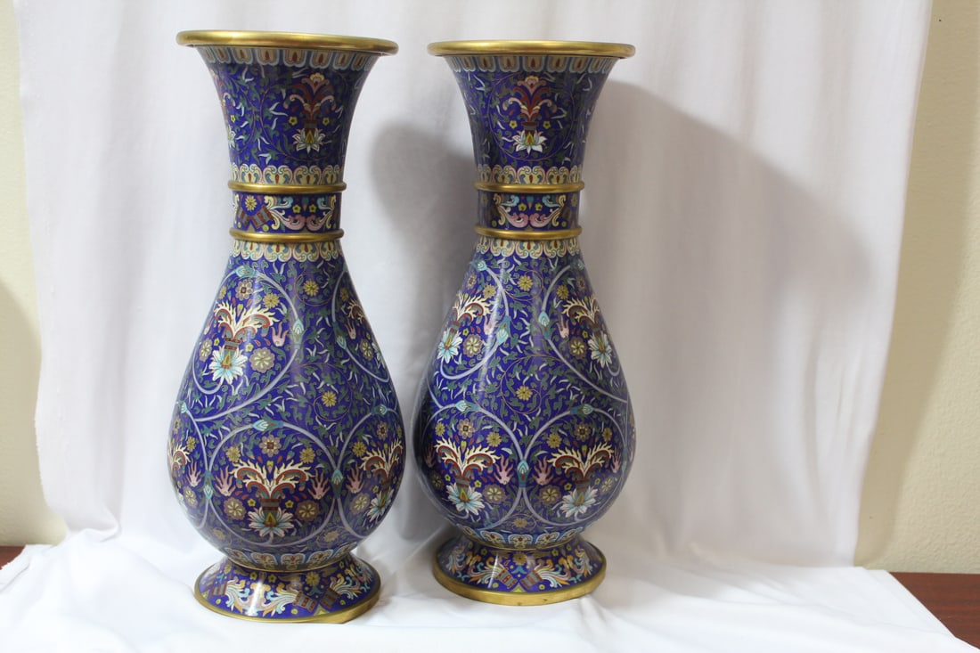 A Pair of Chinese Cloisonne Vases: very decorative - 15 1/4" tall