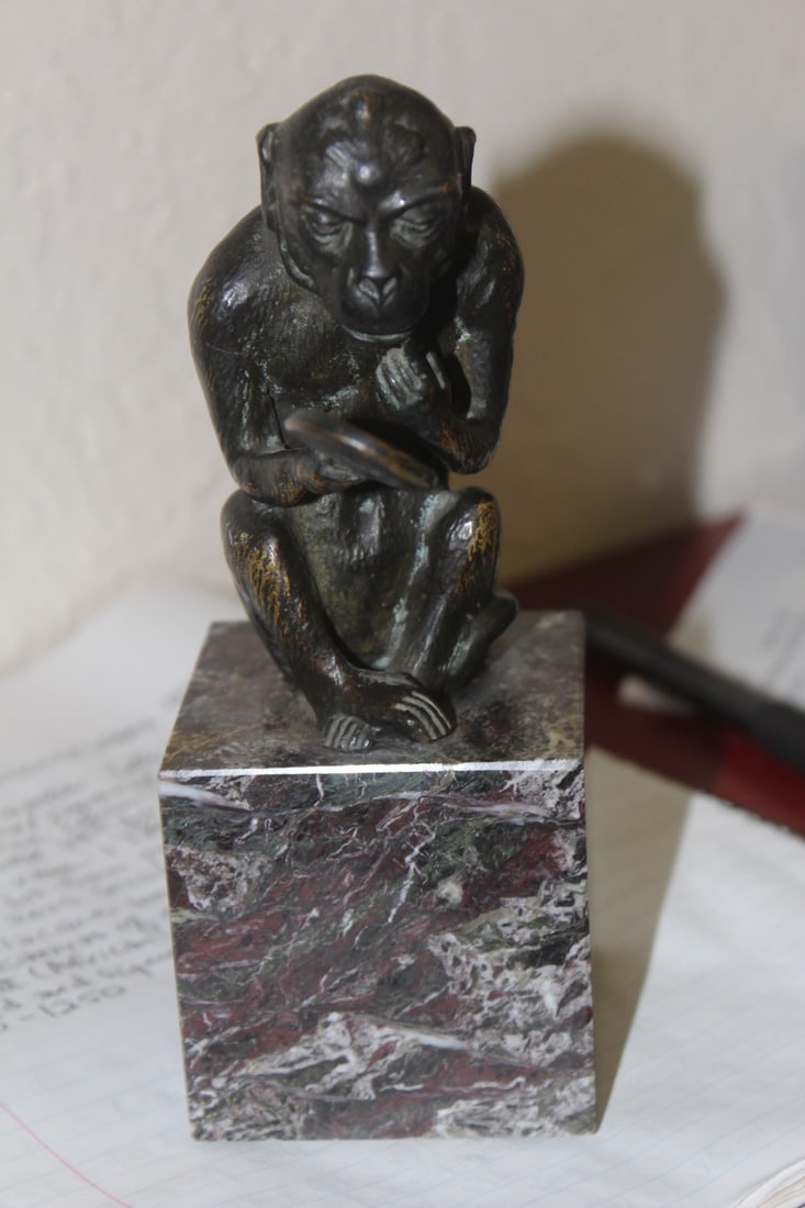 Bronze Monkey on Marble Base: overall= 7 inches tall