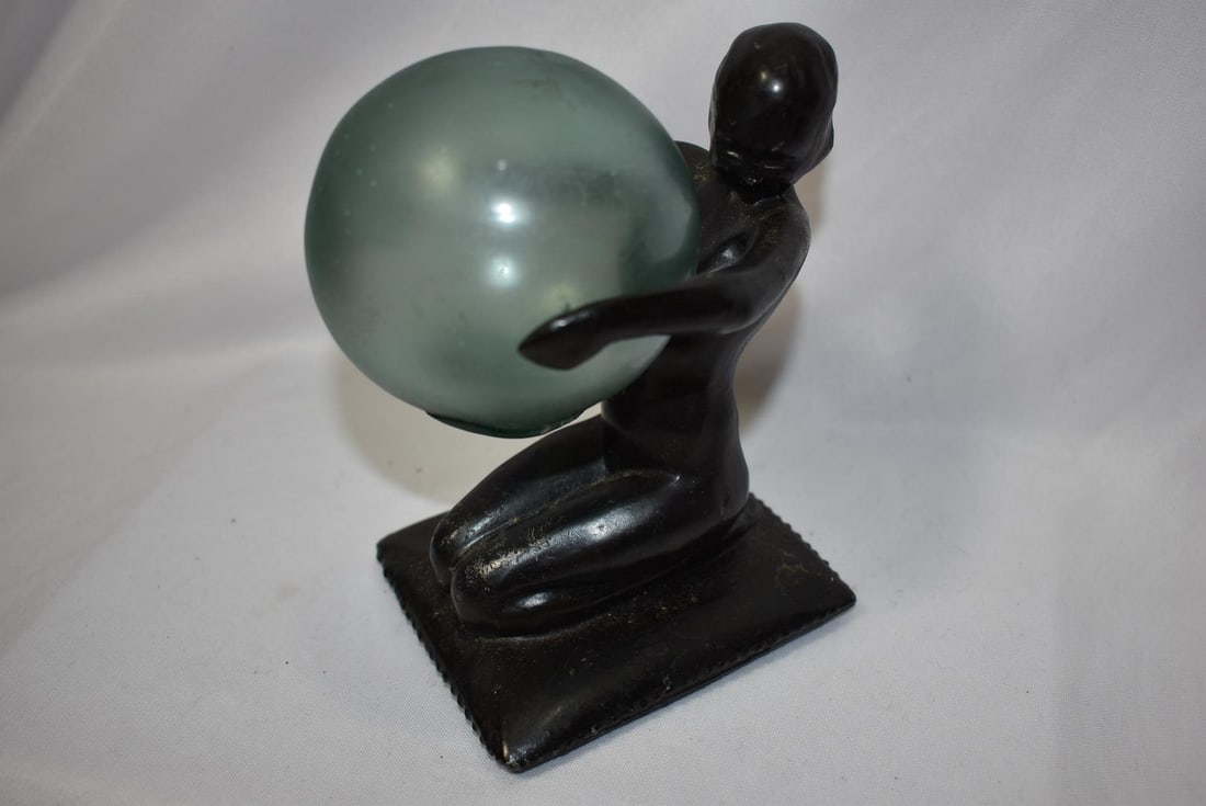 A Deco Metal Nude Lady: with a glass ball - 5 7/8" tall