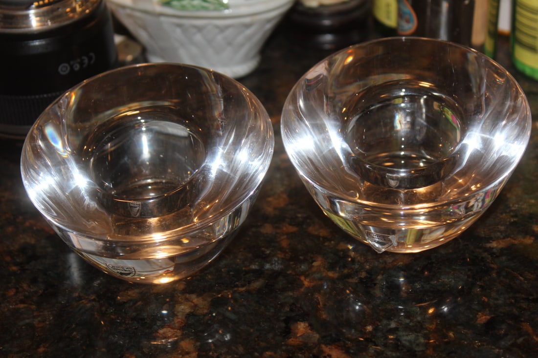 Pair of Marked Orrefors Candle Holders: 4" in diameter