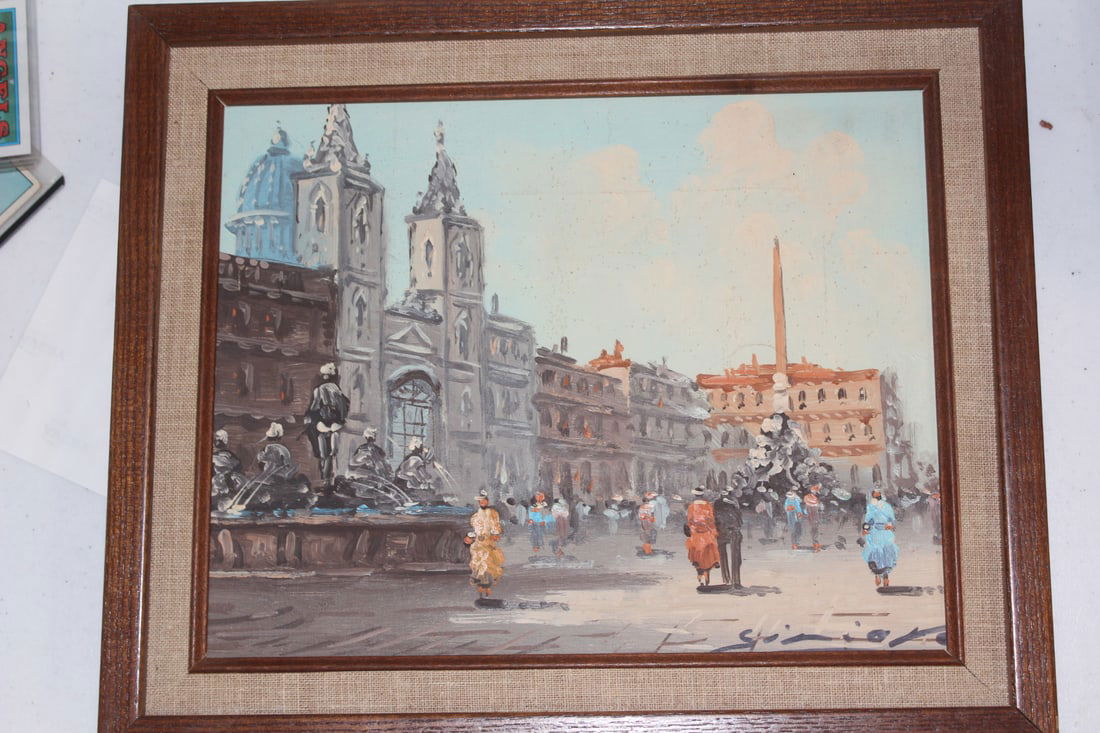 Vintage Street Scene Painting: oil on c anvas - signed and framed, but artist unknown - overall= 12 1/8" x 10 1/4"
