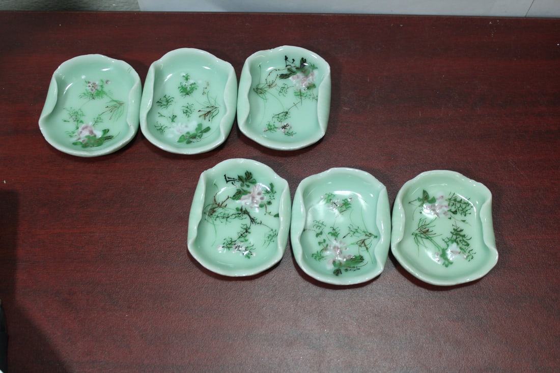 Set of 6 Small Chinese or Asian Celadon Dishes: sauce dishes - 3" in diameter - possibly old