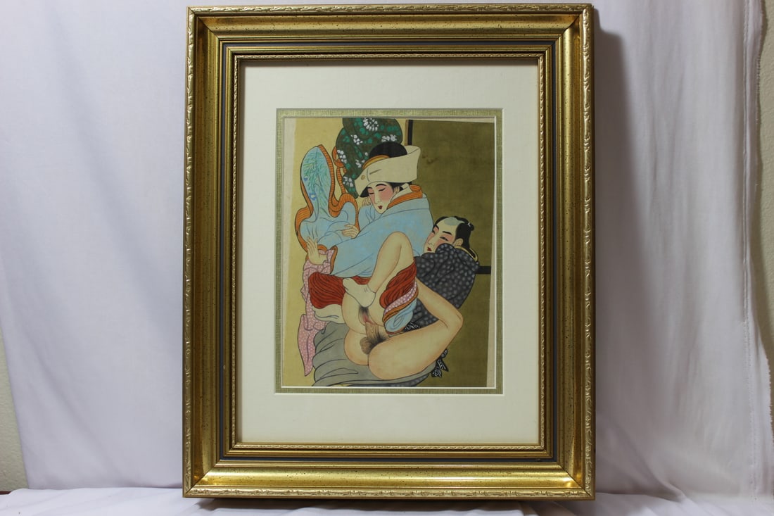 A Japanese Shanka or Erotica Painting?: Possible a woodblock print - gold framed - 17" x 14"