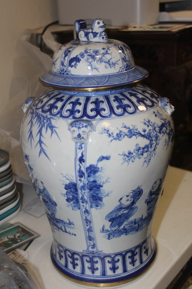 Maitland Smith Ginger Jar: beautiful - blue and white - depicting children playing each side - overall= 16 inches tall
