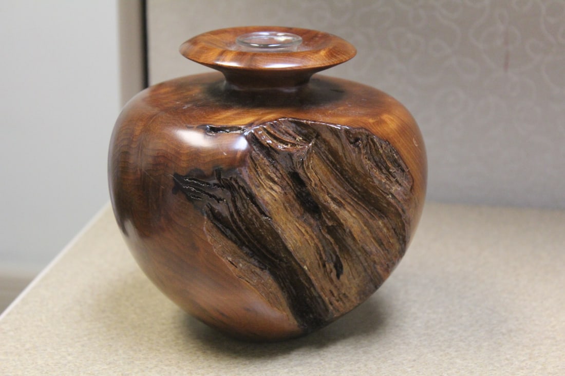 Exotic Wood Candle Stick: nicely carved - distress motief - signed: Dame - 5 1/2" tall
