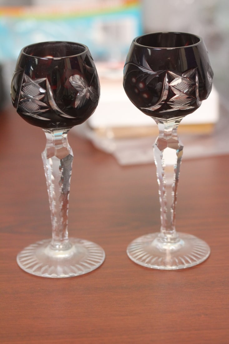 A Pair of Ruby Red Cut Glass Goblets: 5 1/4" tall