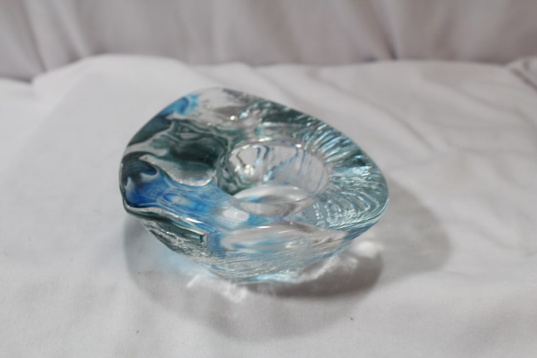 An Art Glass Candle Stick Holder: signed M.J. Sweden? - possibly Mat Jonasson - 5" across