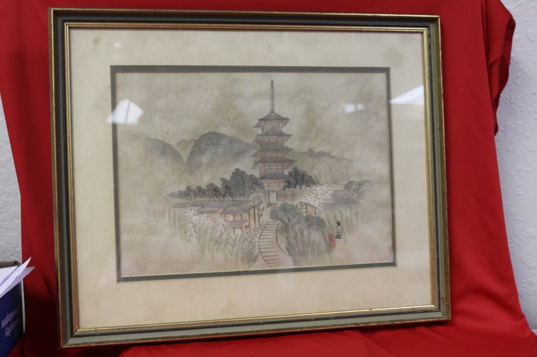 A Chinese Silk Painting: Signed - overall= 19" x 15 1/2" - sight= 13 1/4" x 9 1/2"