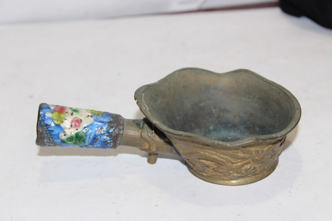 A Chinese Brass Enamel Handle Silk Iron: 5 1/8" long