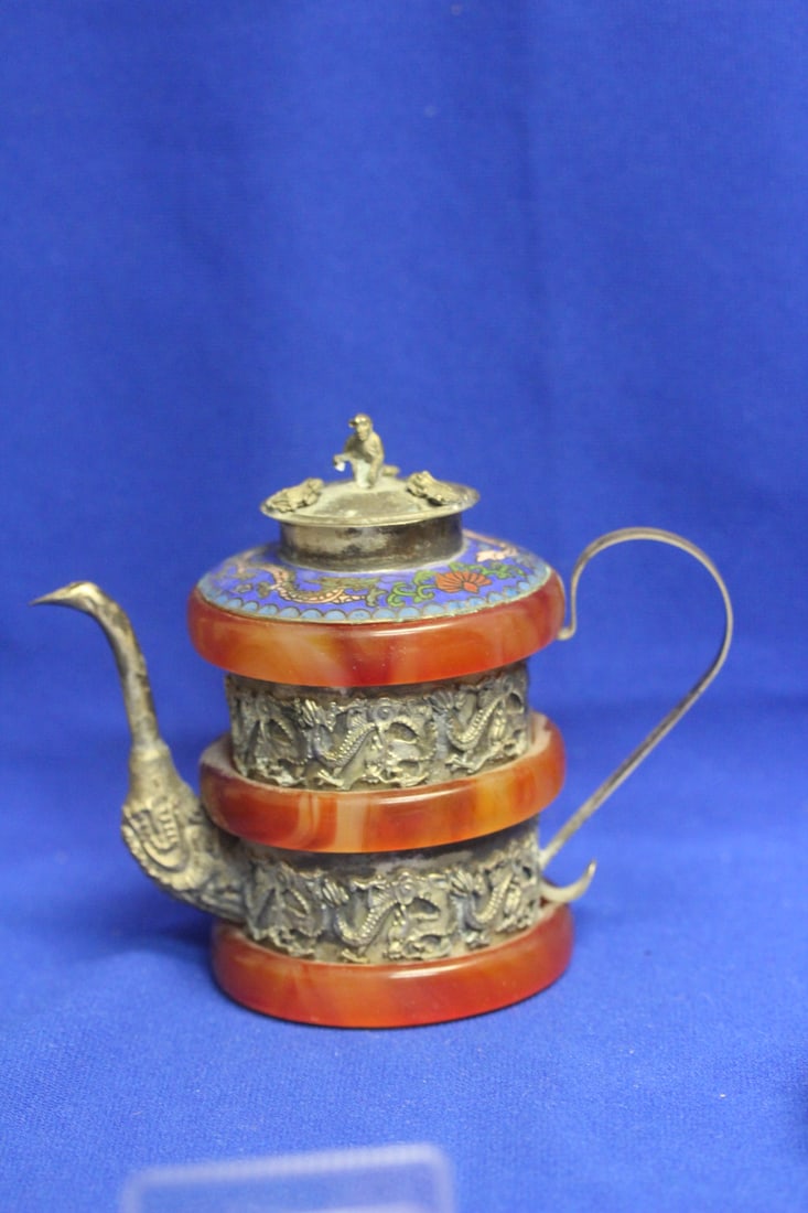 A Chinese Cloisonne and Gemstone? Teapot: 5 inches tall