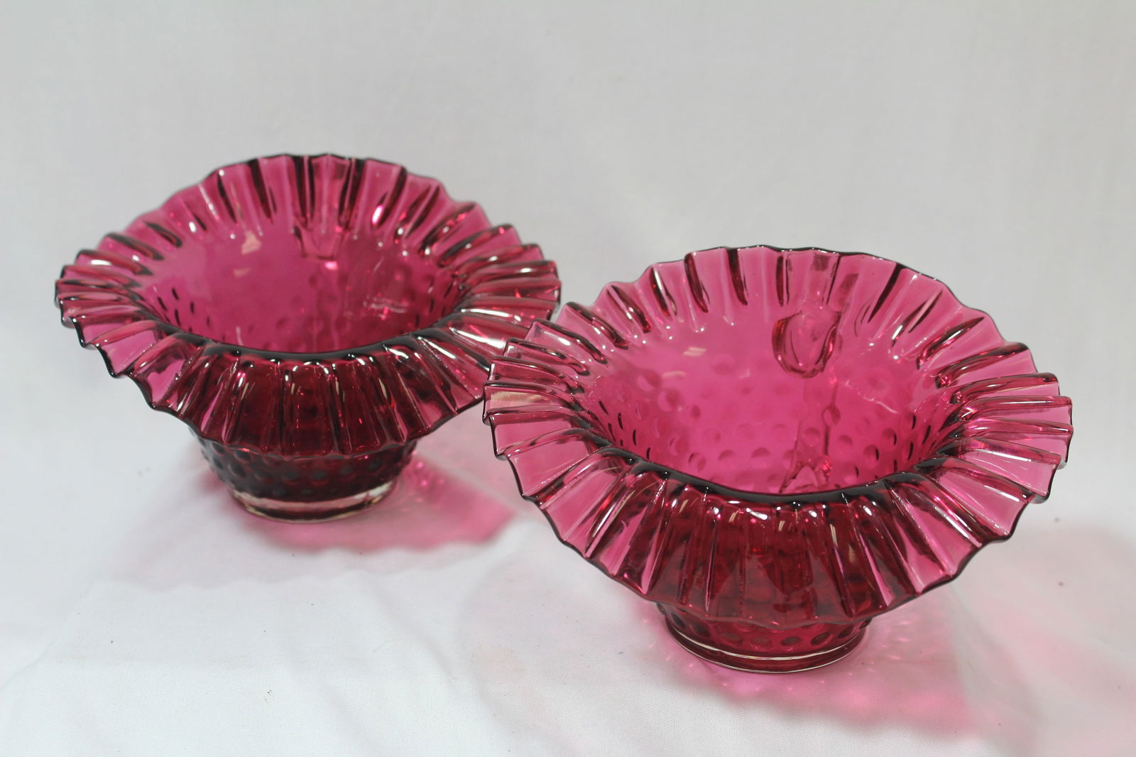 A Pair of Murano Cranberry Glass Container: Ruffle edged - 6 5/8" across