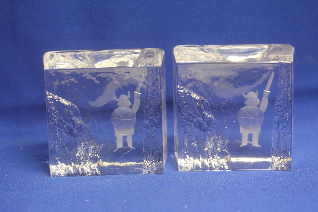Signed Crystal Bookends: Sknuf Edenfalk, Sweden - 3 5/8" across each