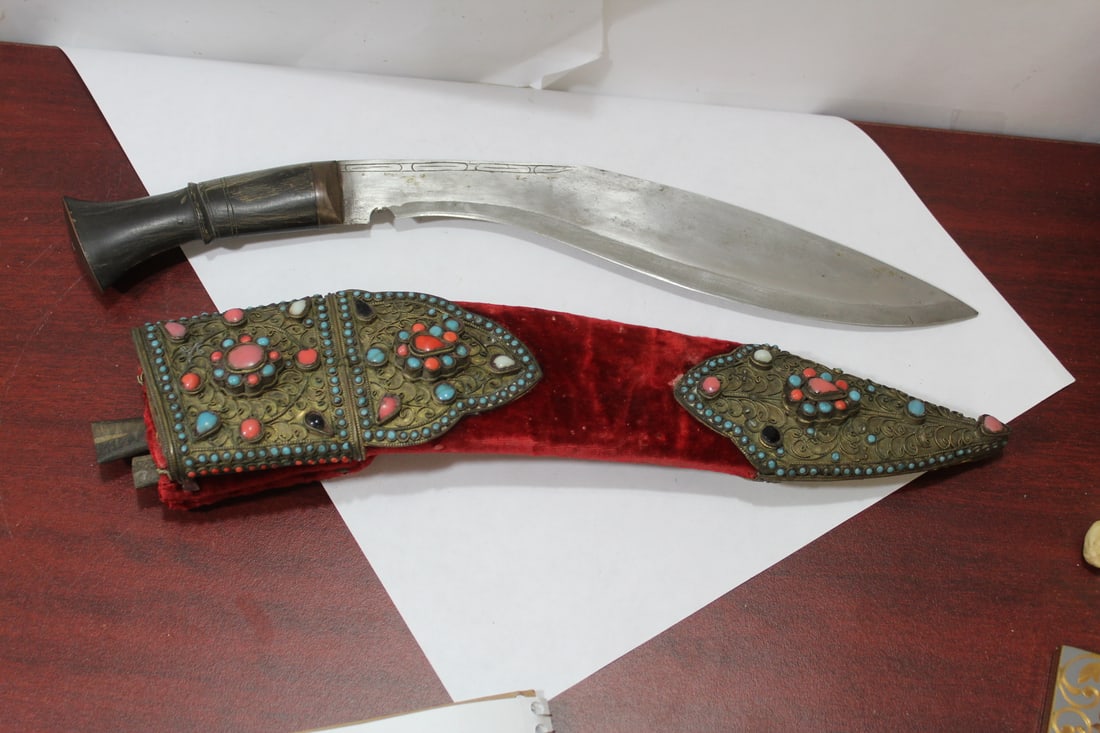 A Vintage/Antique Sword: Middle East or Mongolian - with turqupoise/coral? Horn handle - overall= 16 3/4" long (straight line measurement)