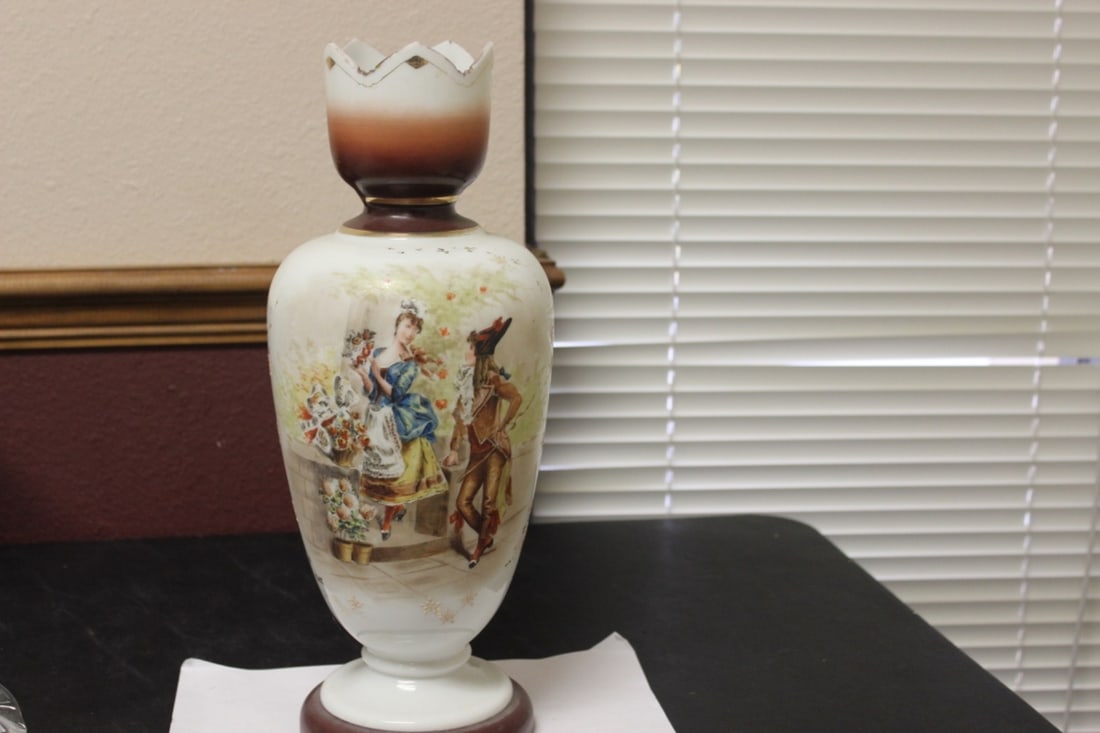 A Hand Painted Bristol Glass Vase: 15 1/4" tall