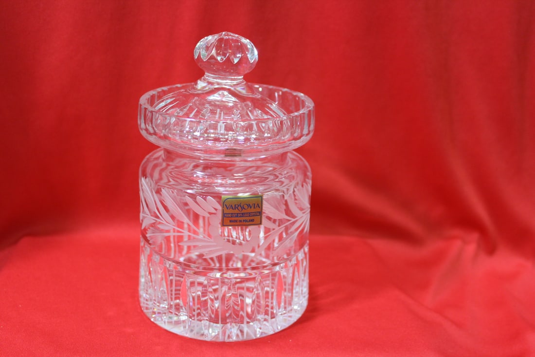 A Varsovia Crystal Cut Glass Jar: made in Poland - 7" tall