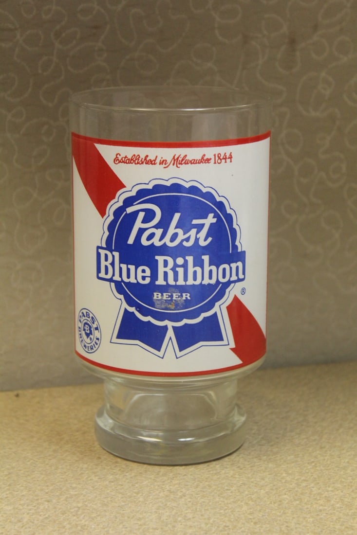 Vintage Glass Tumbler: post blue ribbon - large size - 6 3/4" tall
