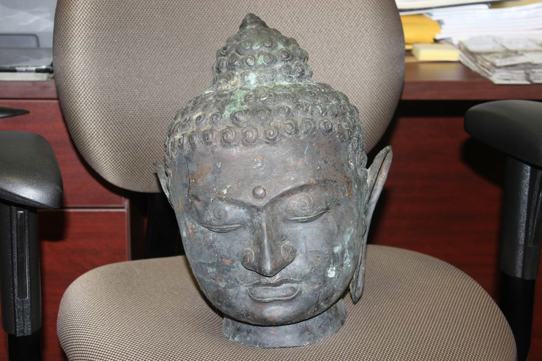 Antique Chinese Bronze Buddha Head: Approximately 14" tall