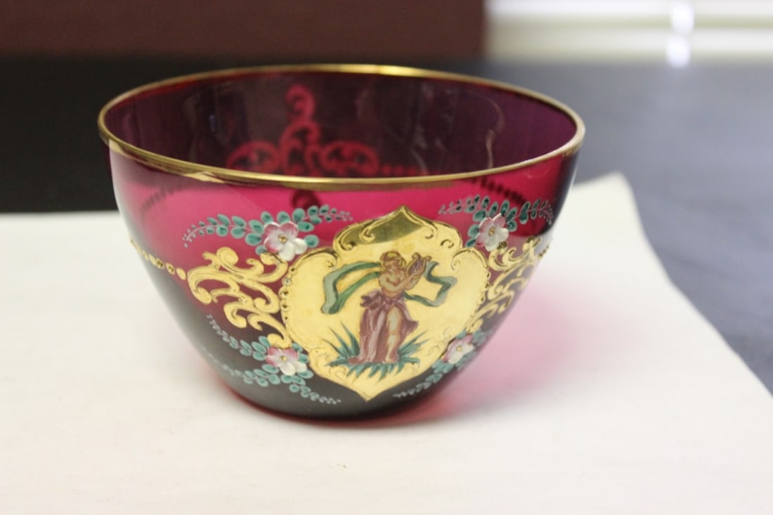 Hand Painted Cranberry Bowl - Rare Figeral Design: Vintage/Antique - 4 5/8" in diameter