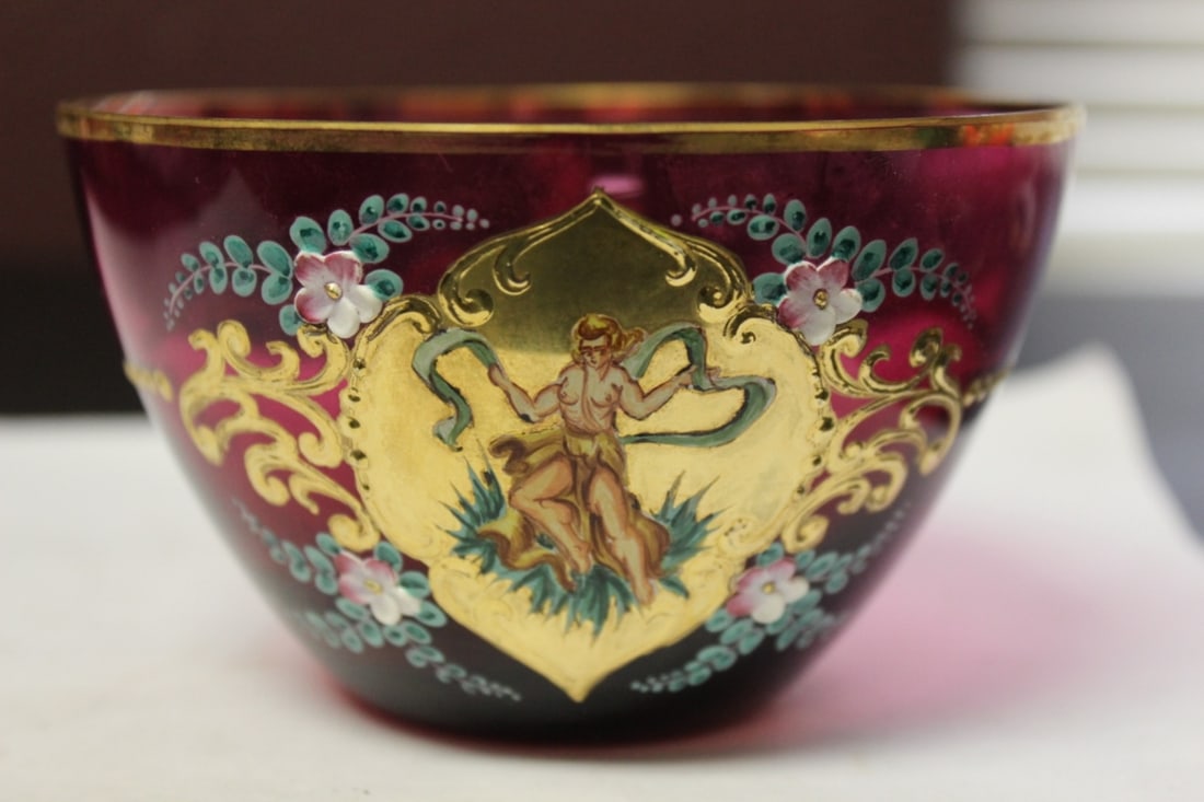 Hand Painted Cranberry Bowl - Rare Figeral Design: Vintage/Antique - 4 5/8" in diameter