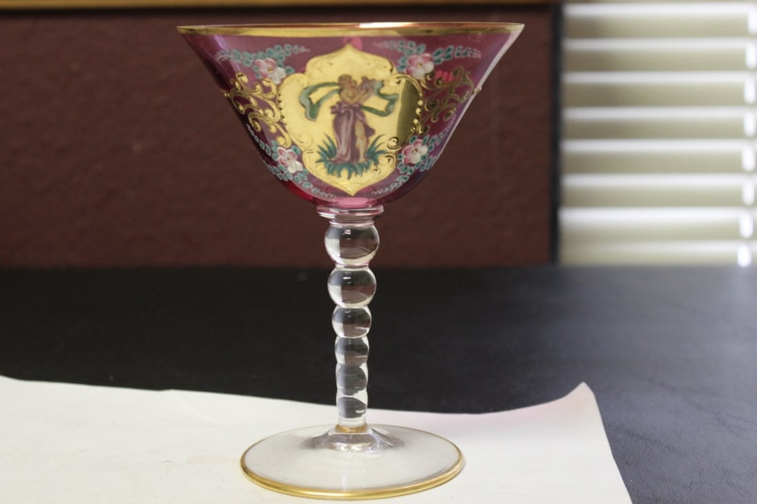 Hand Painted Cranberry Champagne Glass: Vintage/Antique 6 inches tall - Rare Figeral Design