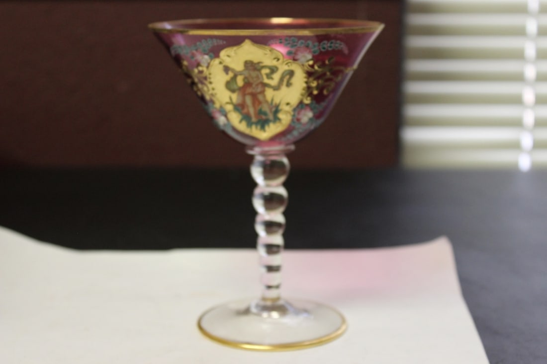 Hand Painted Cranberry Champagne Glass: Vintage/Antique 6 inches tall - Rare Figeral Design