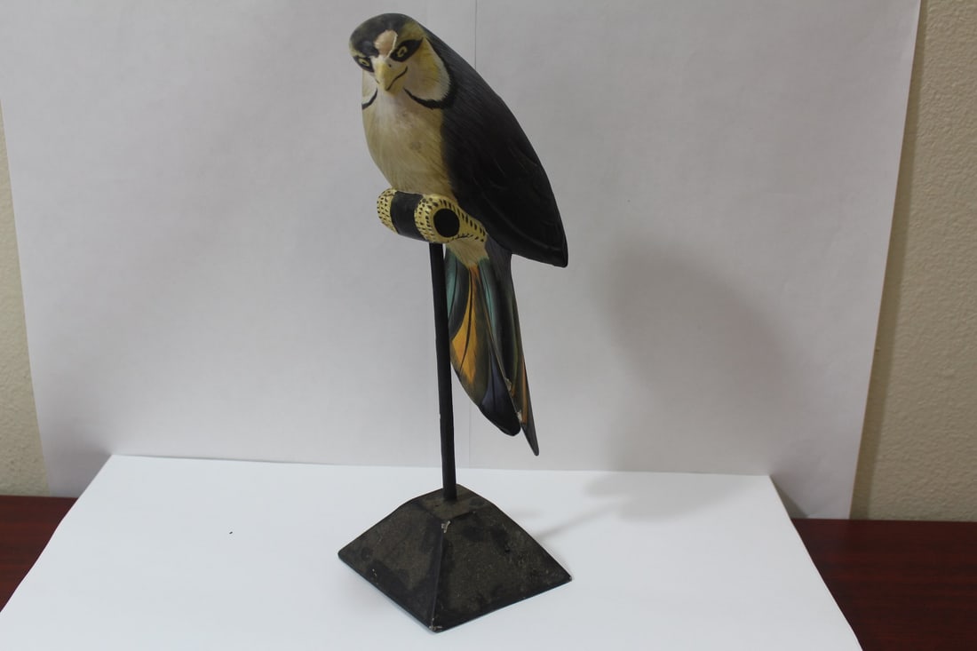 A Wooden Bird on Stand: please note: losses - possibly old - 11 3/4" tall
