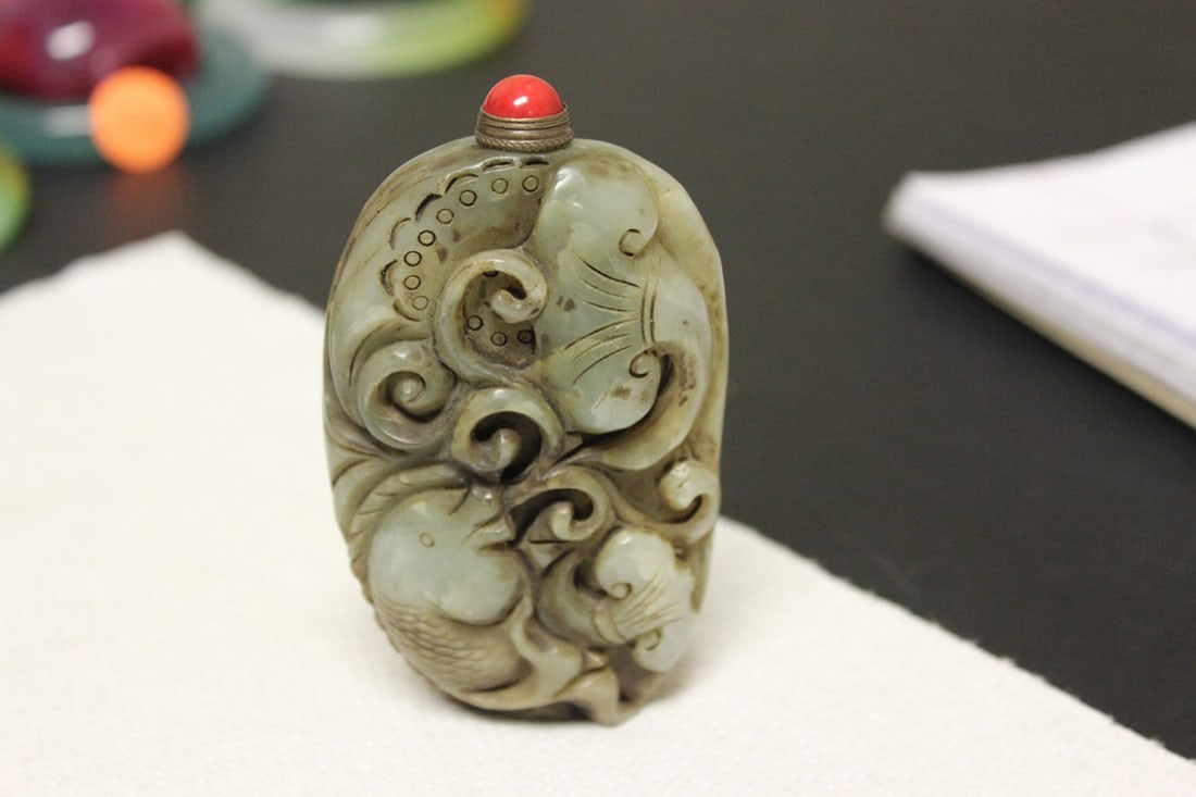 Nephrite Jade Carved Snuff Bottle: 3 3/4" tall when lidded.