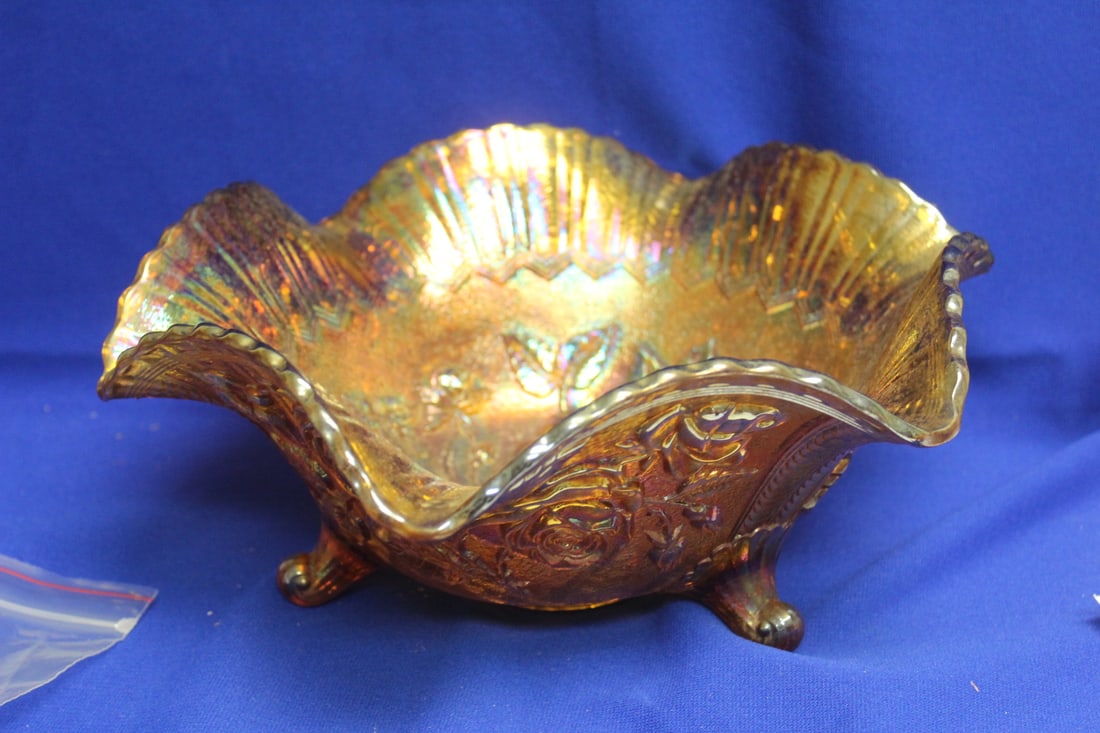 A Large Footed Carnival Glass Bowl: Rose pattern - 11 1/2" in diameter