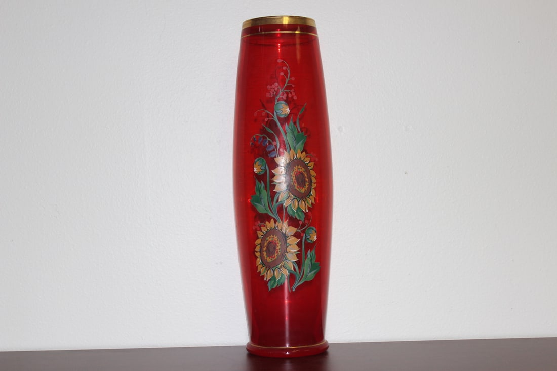 A Red Glass Vase: hand painted flower - 18 1/4" tall