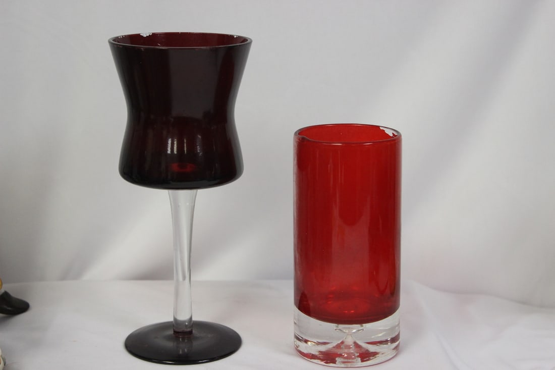 Two Ruby Red Glass Articles: both worn - taller= 8 1/8"